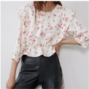 Zara floral button back tie waist 3/4 sleeve blouse S pink off white peplum